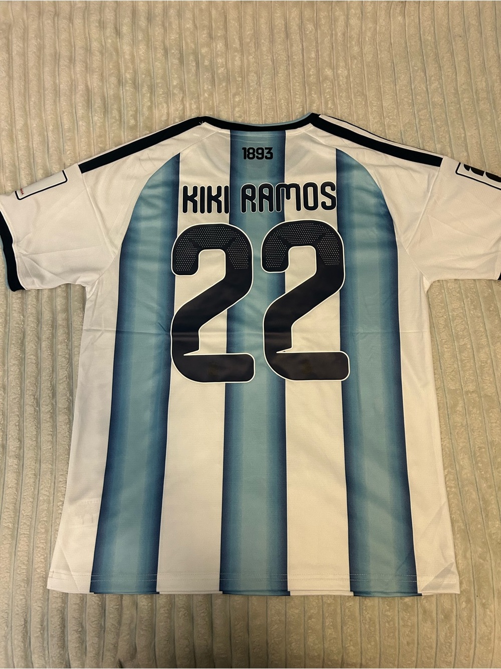 adidas White and Light Blue Striped Soccer Jersey - Kiki Ramos 22